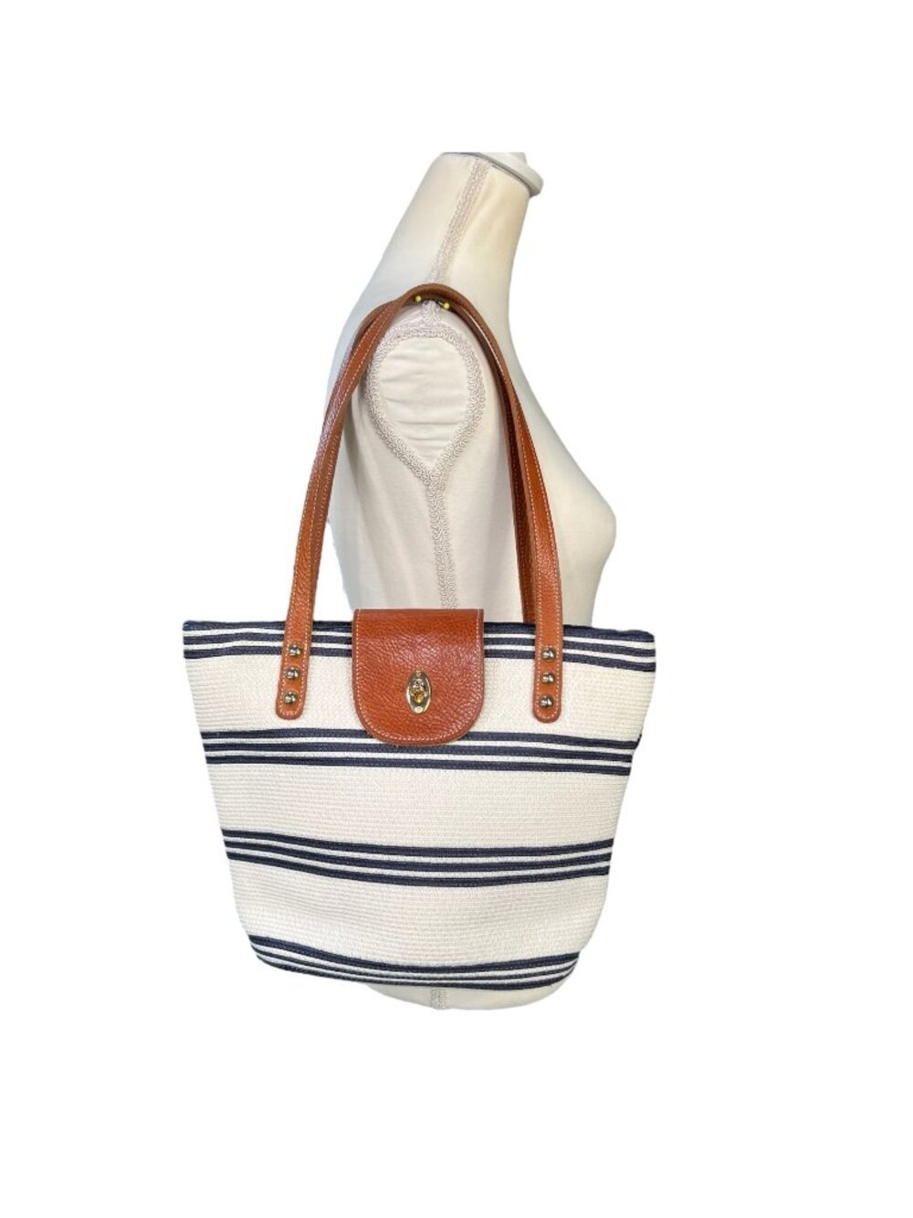 Eric Javits Nautical Striped Woven Tote Bag With Leather Accents & Gold Turn-Loc